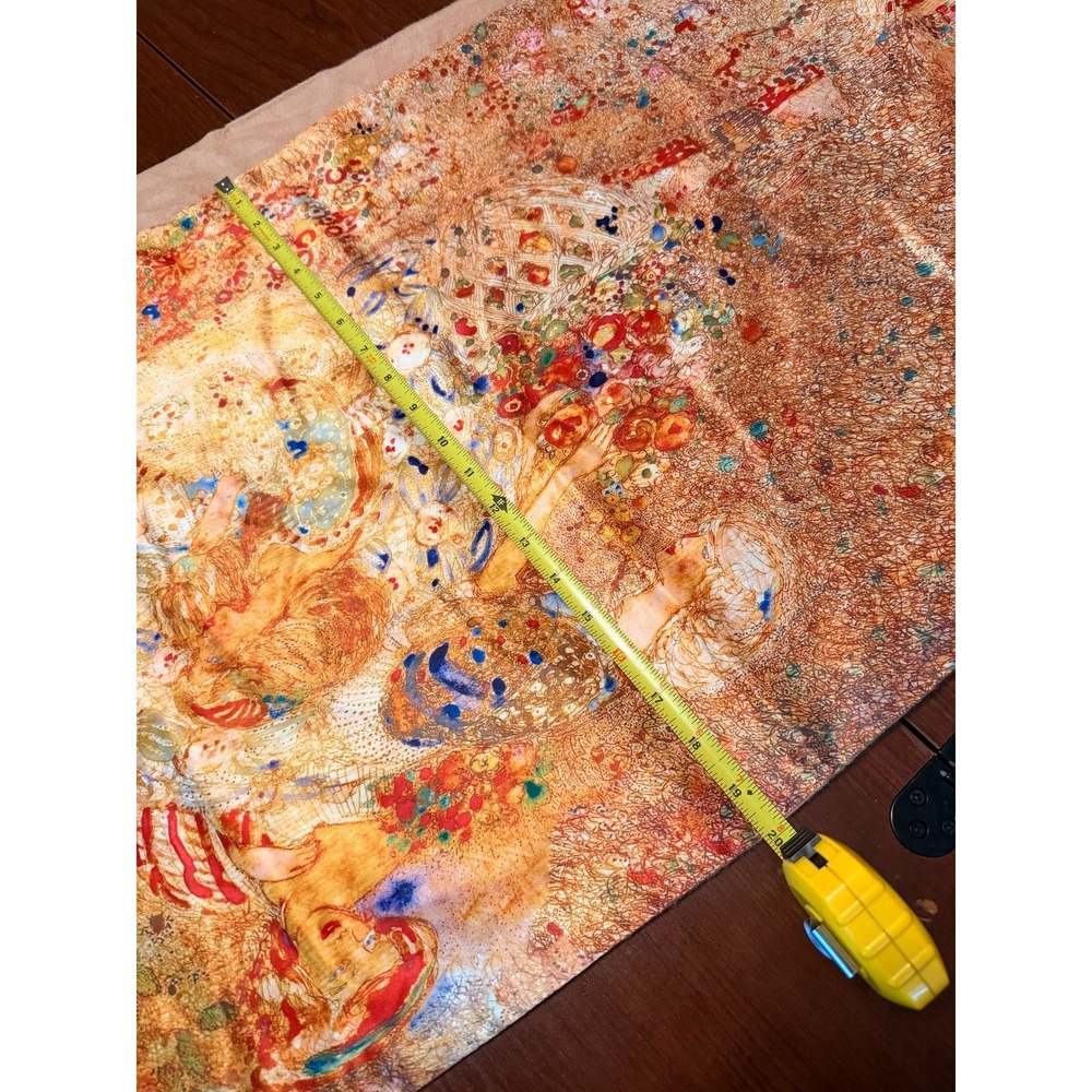 100% Silk Impressionist Art Print Scarf Fringed Shawl Gold Floral Wrap - Picture 3 of 6